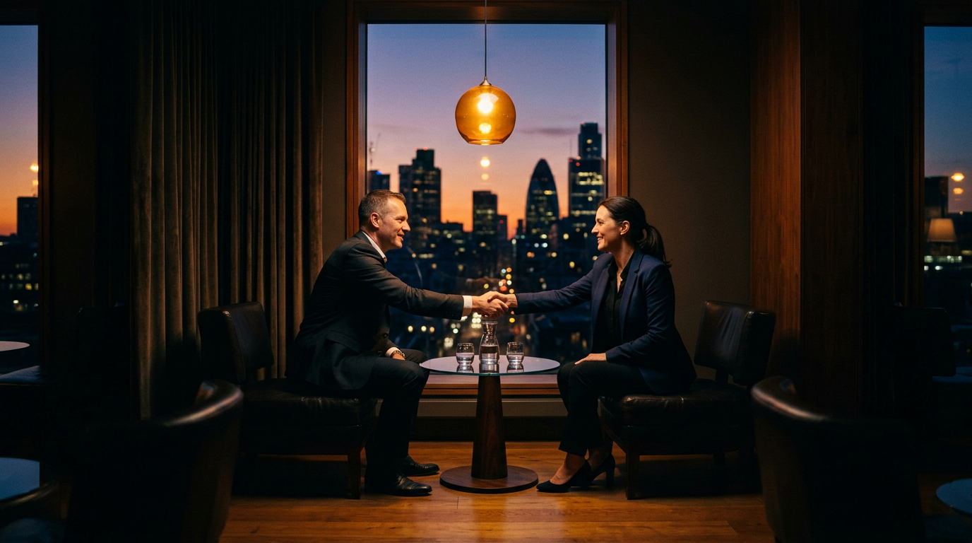 Welcoming modern office reception with a skyline view