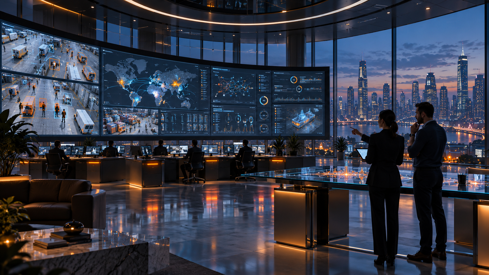 Enterprise operations centre with live AI vision and data dashboards