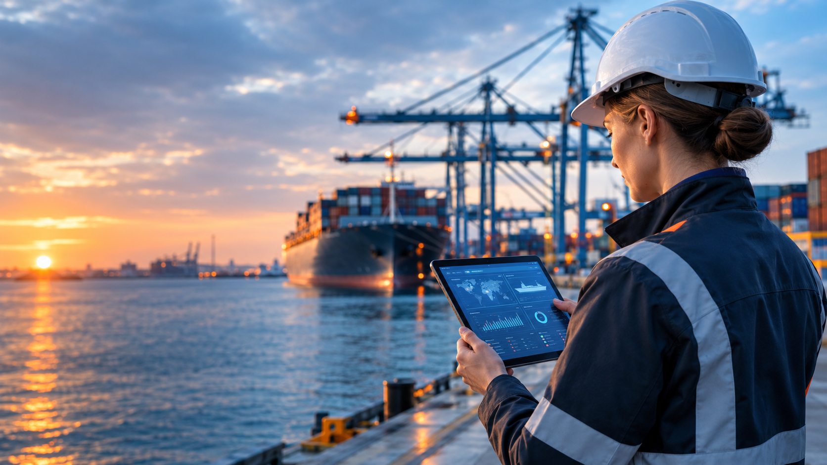 Marine and asset insurance overview on a tablet at a port