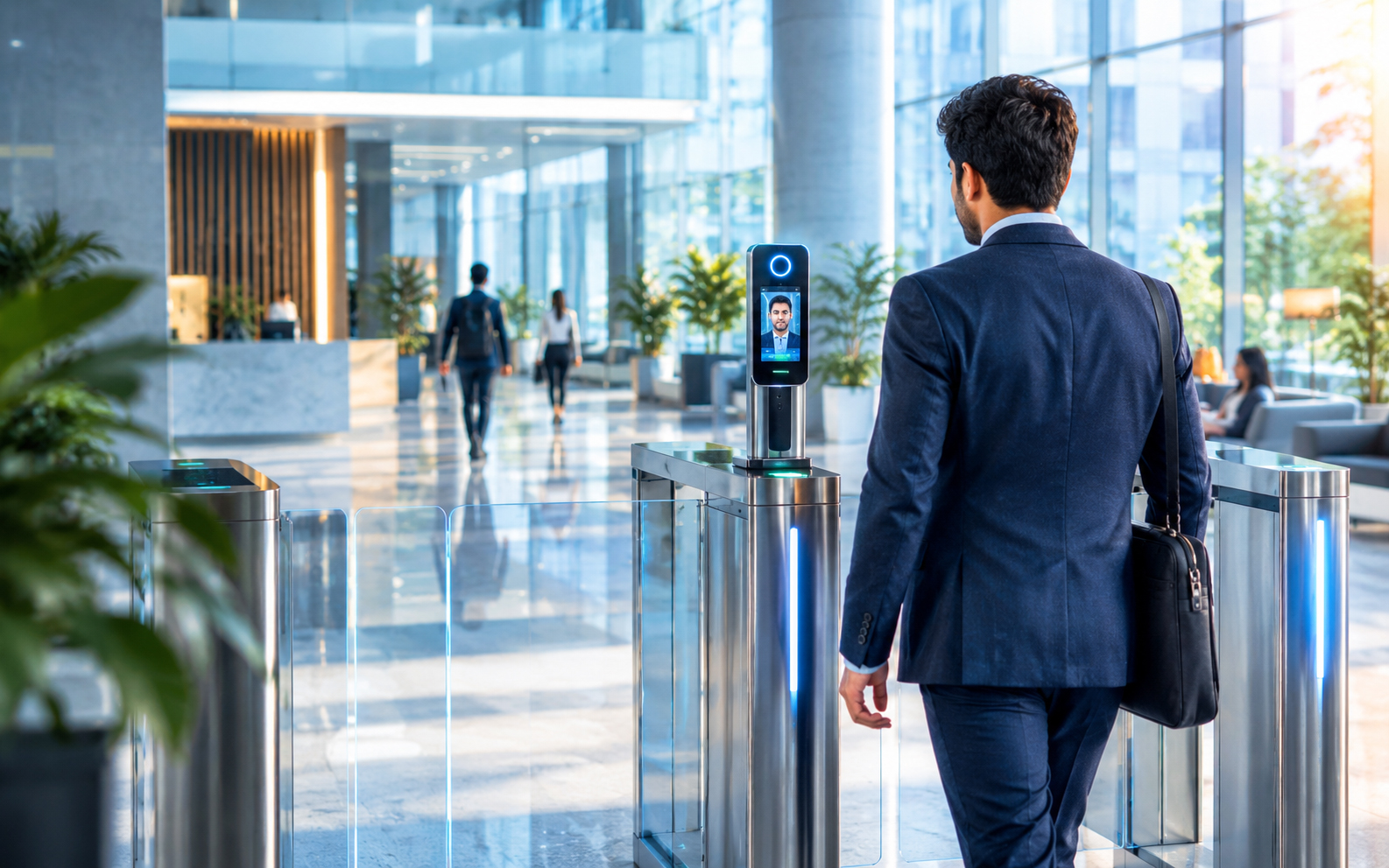 Facial-recognition access point at a modern office entrance